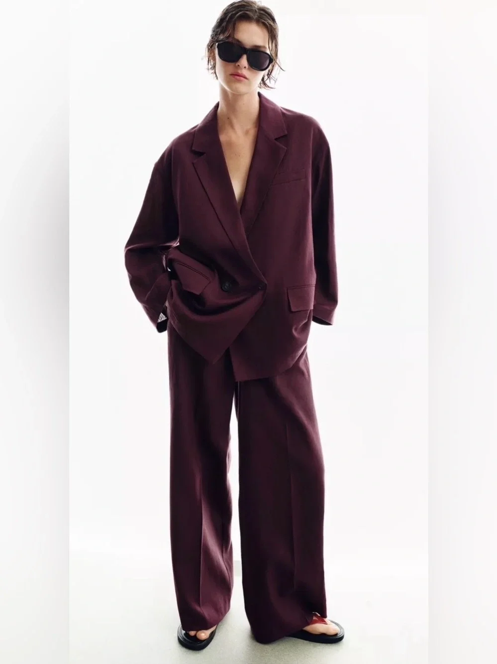 Zara NWT Linen Straight Leg Pants Burgundy Wide Leg Relaxed Tailored Trousers